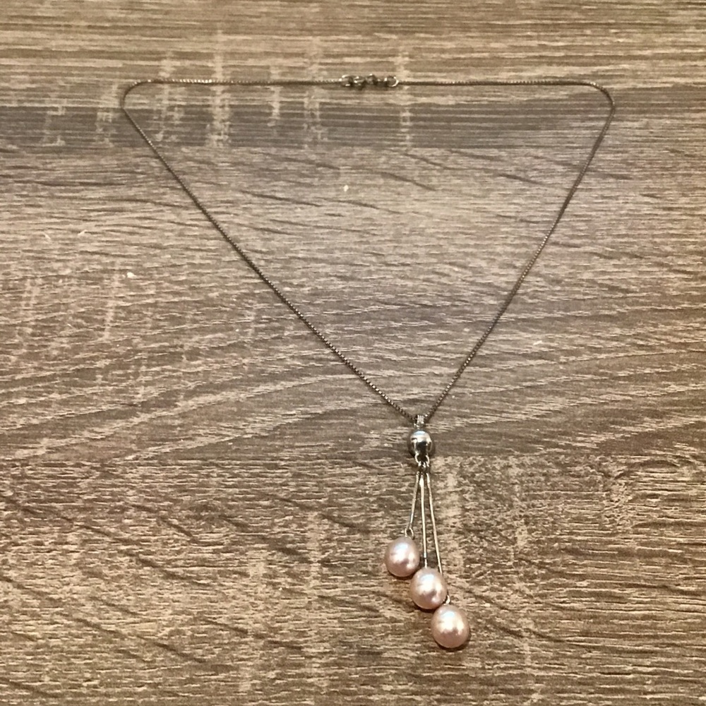 Sterling Silver & Pearl Dangles Pendant Box Chain Necklace 16" Long